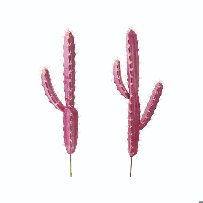 Two purple faux saguaro cactus stakes with multiple arms and small spines on a white background