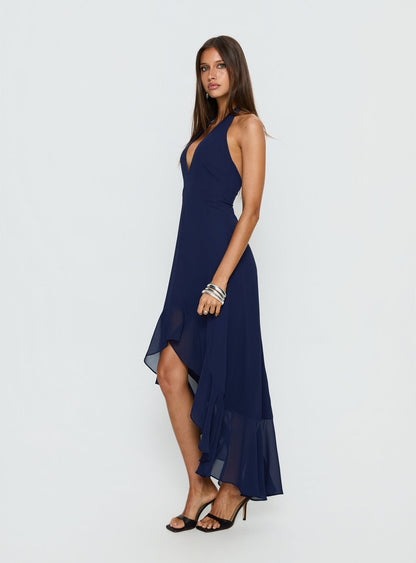 Agata Halter Frill Maxi Dress Navy