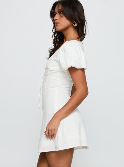 Beloved Puff Sleeve Linen Blend Mini Dress White