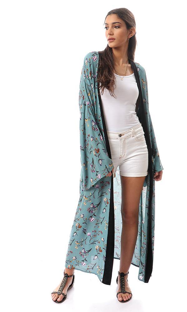 57714 Dark Mint Floral Cardigan With Black Neckline - Ravin