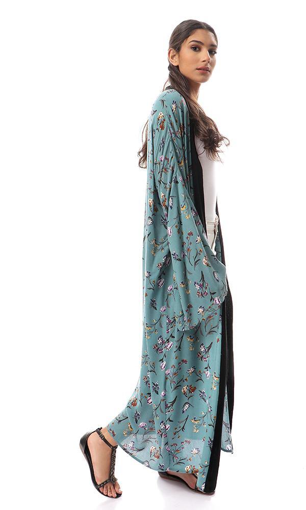 57714 Dark Mint Floral Cardigan With Black Neckline - Ravin