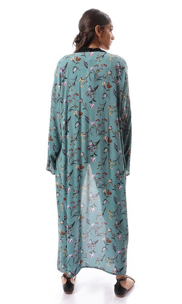 57714 Dark Mint Floral Cardigan With Black Neckline - Ravin