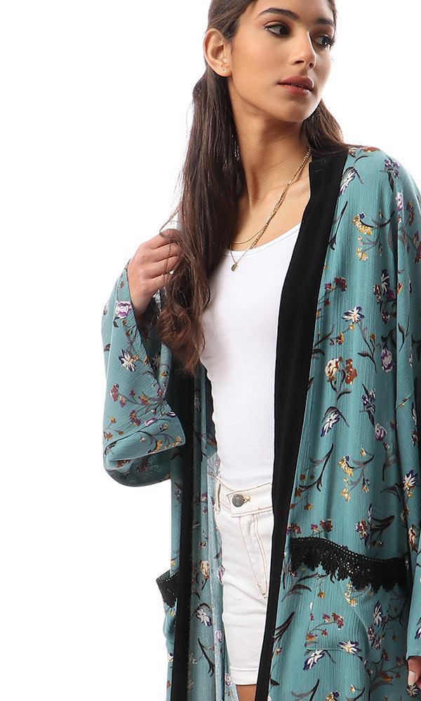 57714 Dark Mint Floral Cardigan With Black Neckline - Ravin