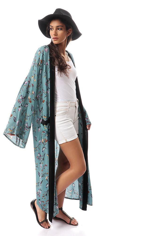 57714 Dark Mint Floral Cardigan With Black Neckline - Ravin