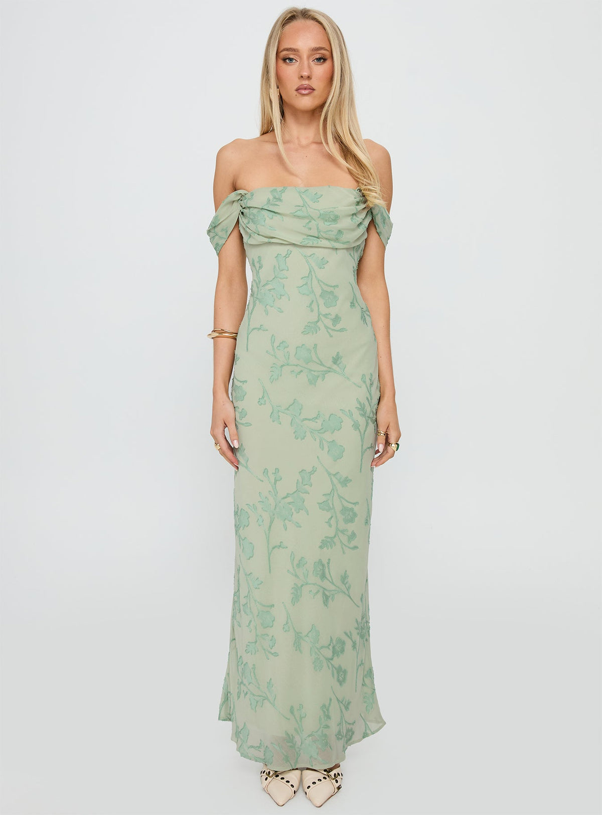 Azura Off The Shoulder Maxi Dress Green Burnout