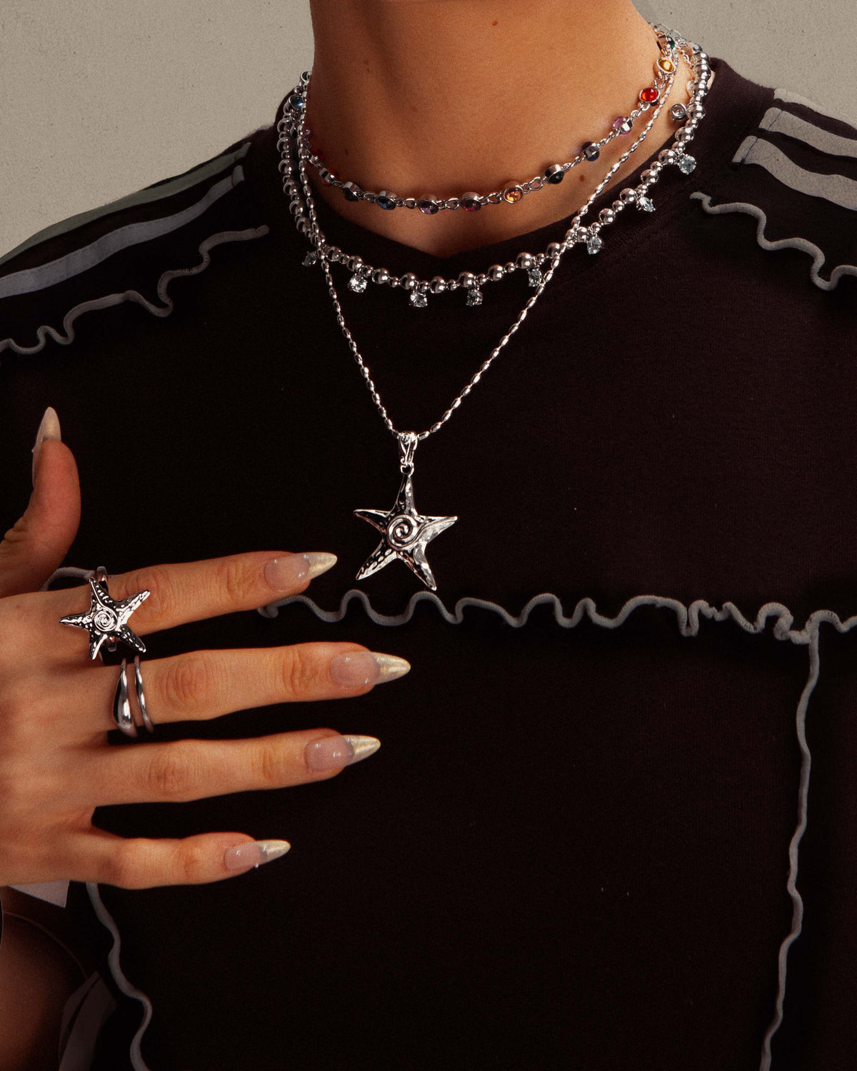 Starfish Necklace & Ring Set in Silver