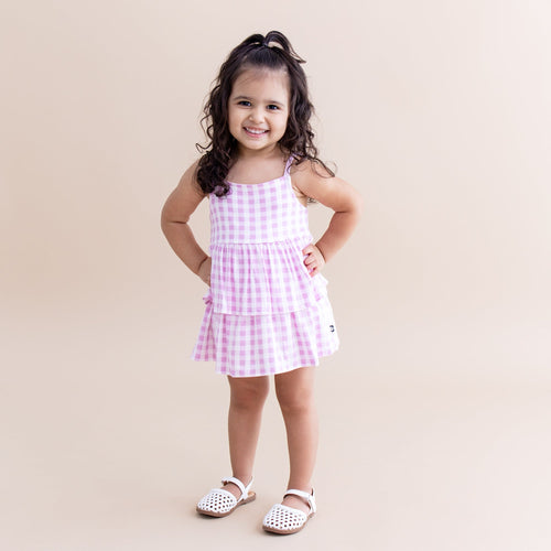 Spaghetti Strap Ruffle Romper in Gingham Thistle