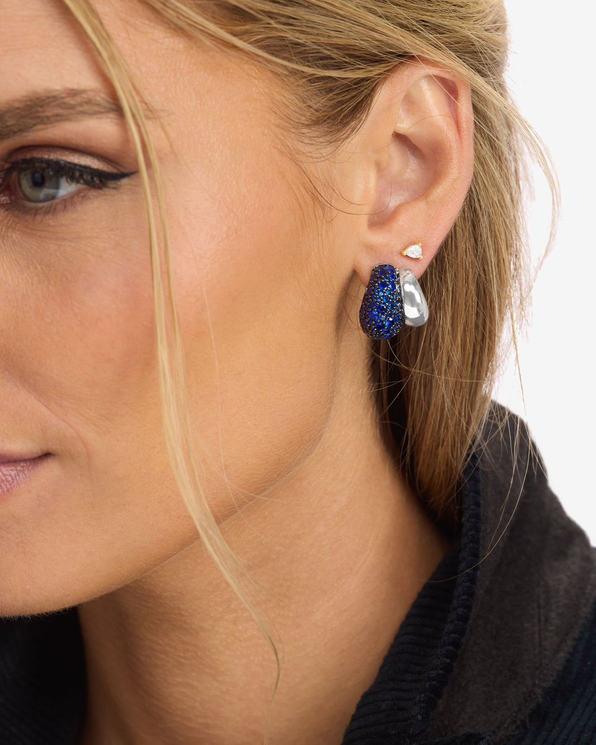 Norah Pavé Double Hoop - Silver|Blue Sapphire