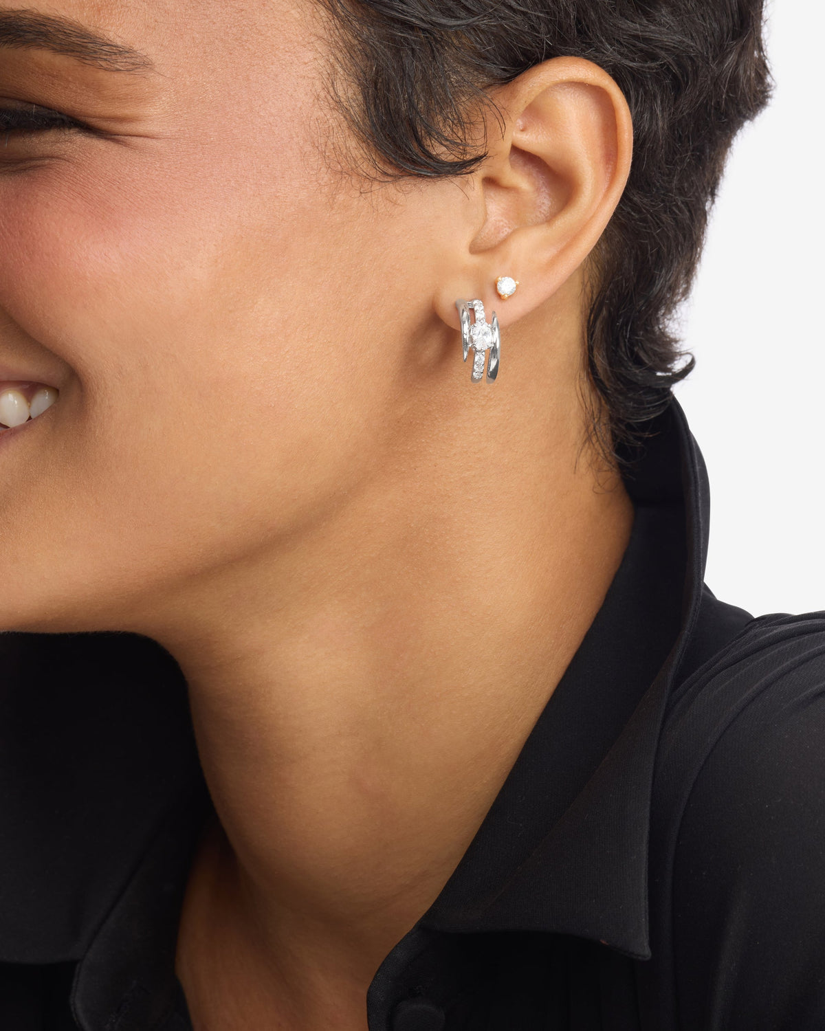 She's on Point Pavé Lasso Huggies - Silver|White Diamondettes