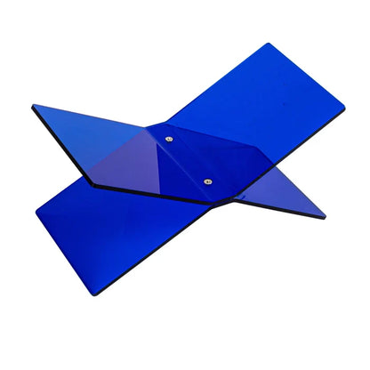 Blue acrylic holder with an angular modern design for books or kitchen use on a white background