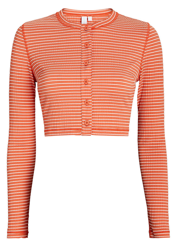 Aurelia Striped Seersucker Cardigan (Chili Stripe)