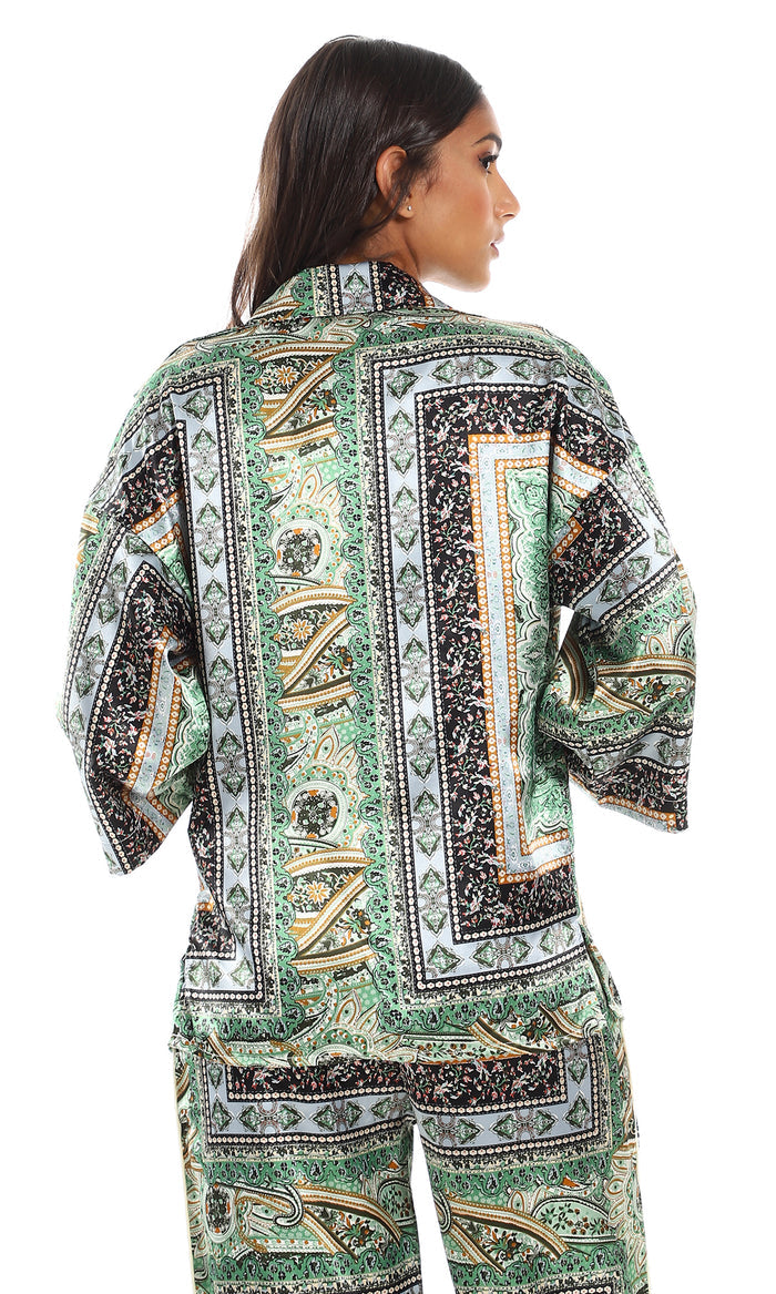 Bohemian Rhapsody Green Paisley Surplice Wrap Blouse - 97479