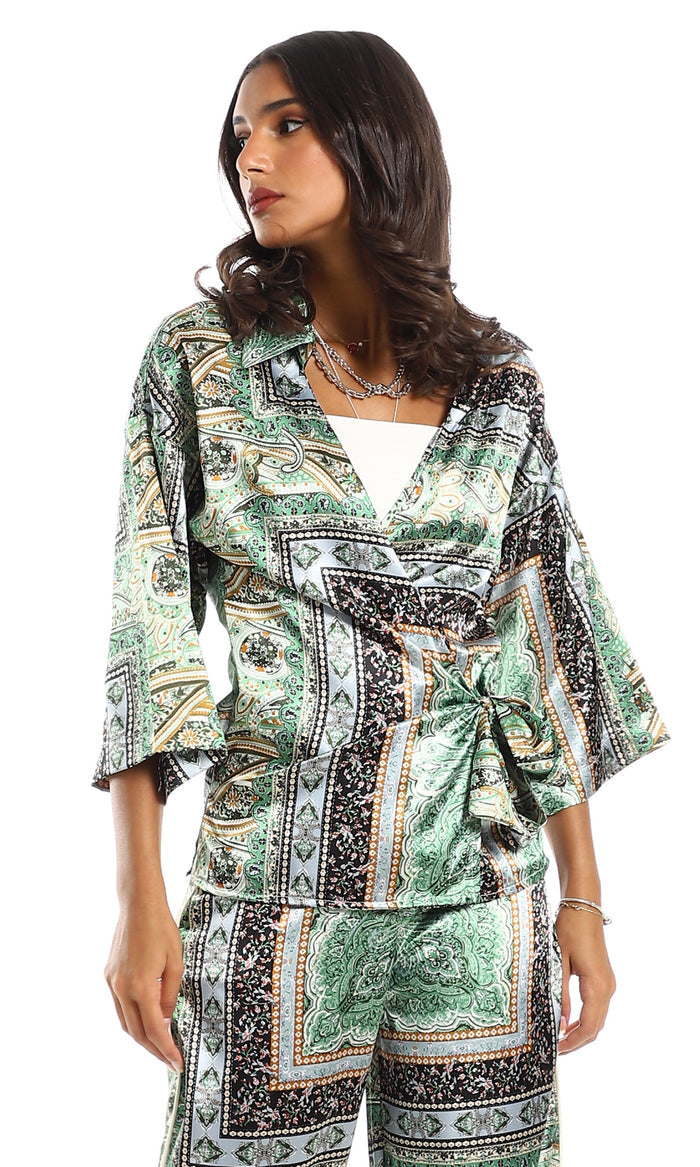 Bohemian Rhapsody Green Paisley Surplice Wrap Blouse - 97479