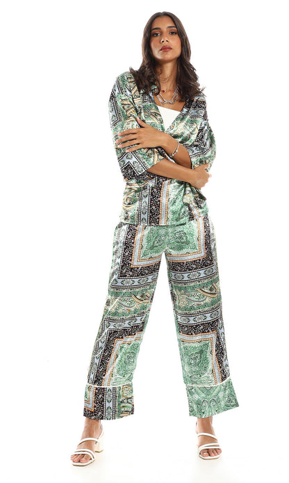 Bohemian Rhapsody Green Paisley Surplice Wrap Blouse - 97479