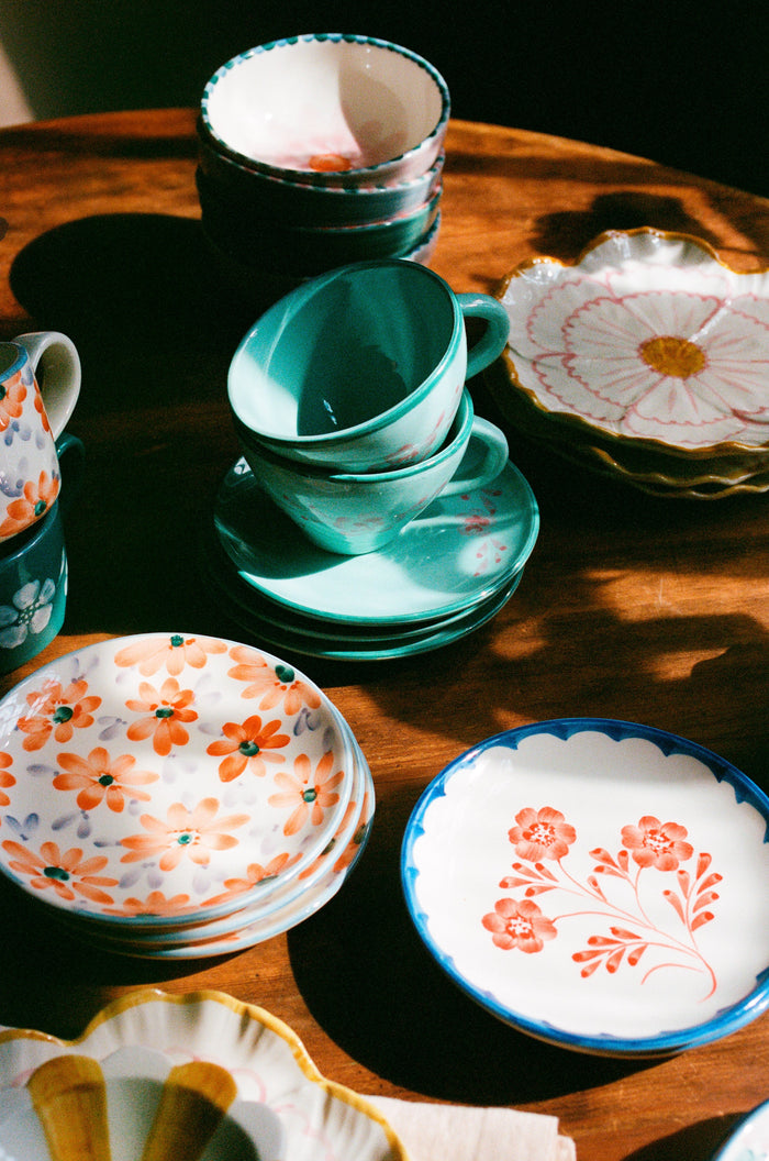 Ceramic Oval Espresso Cup with Hand Painted Orange Flowers - 2.4 oz