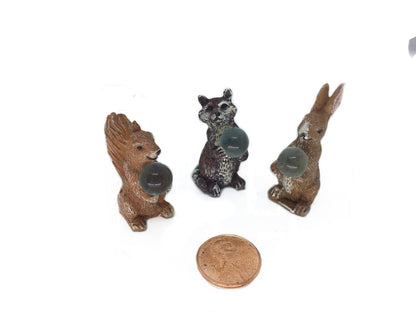 Miniature Animal Holding Gazing Ball, Choice of Fairy Garden Animals,  1.5" Micro Mini Woodland Animal with Clear Ball