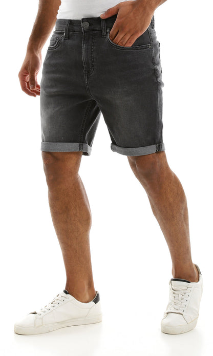 Dark Grey Slim Fit Roll Up Denim Shorts - 98136