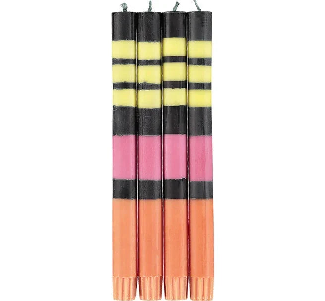 Eco Dinner Candles 4-Pack STRIPED Jet Black, Orange Flame, Neyron & Sulphur Yellow