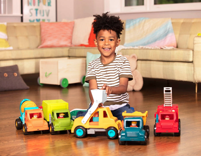 A front end loader toy with the shovel lifted.