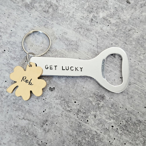 GET LUCKY Personalized St. Patrick's Day Beer Bottle Opener Keychain - St. Paddy's Day Gift for Husband Salt and Sparkle