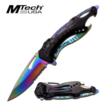 GIFTS INFINITY 4.5" Closed Spring Assist Pocket Folding Knife, Sharp Rainbow Coated Blade, Black Aluminum Handle