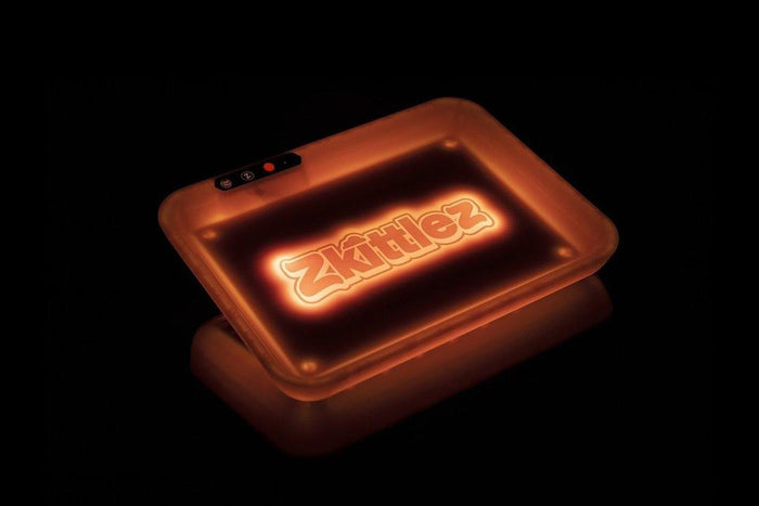 LED Illuminated Rolling Tray: Glow Tray x Zkittlez, Built-in Lighting, Roll Anywhere, Vibrant Colors, Assorted Designs, Durable Lightweight, Portable Long-Term, Rechargeable Battery, Continuous Use, Official Zkittlez Collaboration, Stylish Functional.