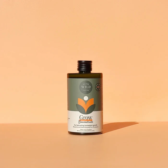 Bottle of fast-acting plant growth concentrate with minimalist label on peach background casting soft shadow