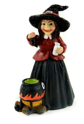 Miniature Witch with a Cauldron, 3" Halloween Witch Figurine, Fall Fairy Garden Accessory