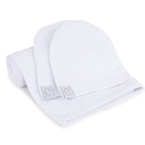 Jersey Knit White Cotton Swaddle Blanket and Beanie Gift Set