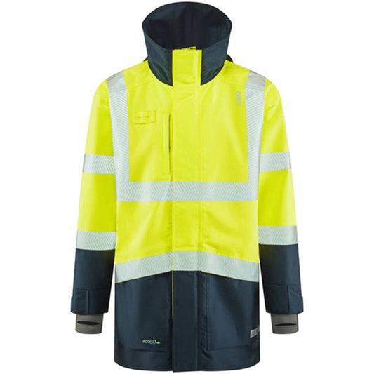 Leo Workwear Clovelly Yellow/Navy EcoViz 15K Performance+ Waterproof Breathable Executive Hi Vis Jacket
