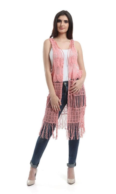 Fringes Crochet Solid Vest - Pink - women vests & cardigans