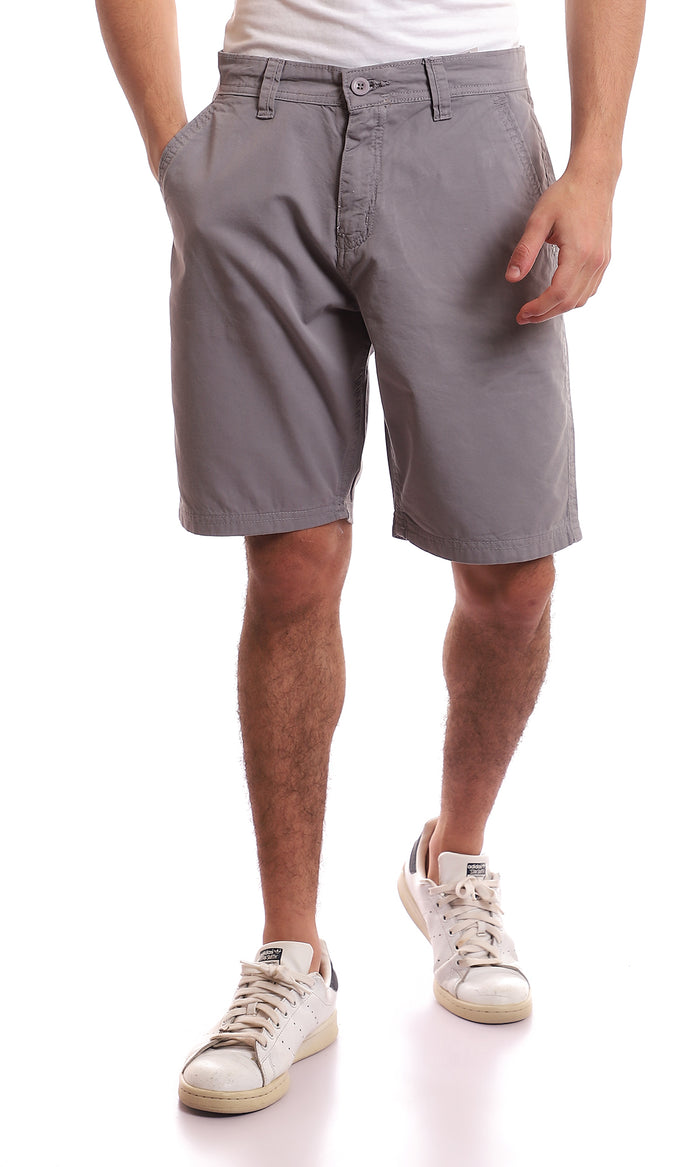 Medium Grey Slub Regular Fit Gabardine Shorts - 95049