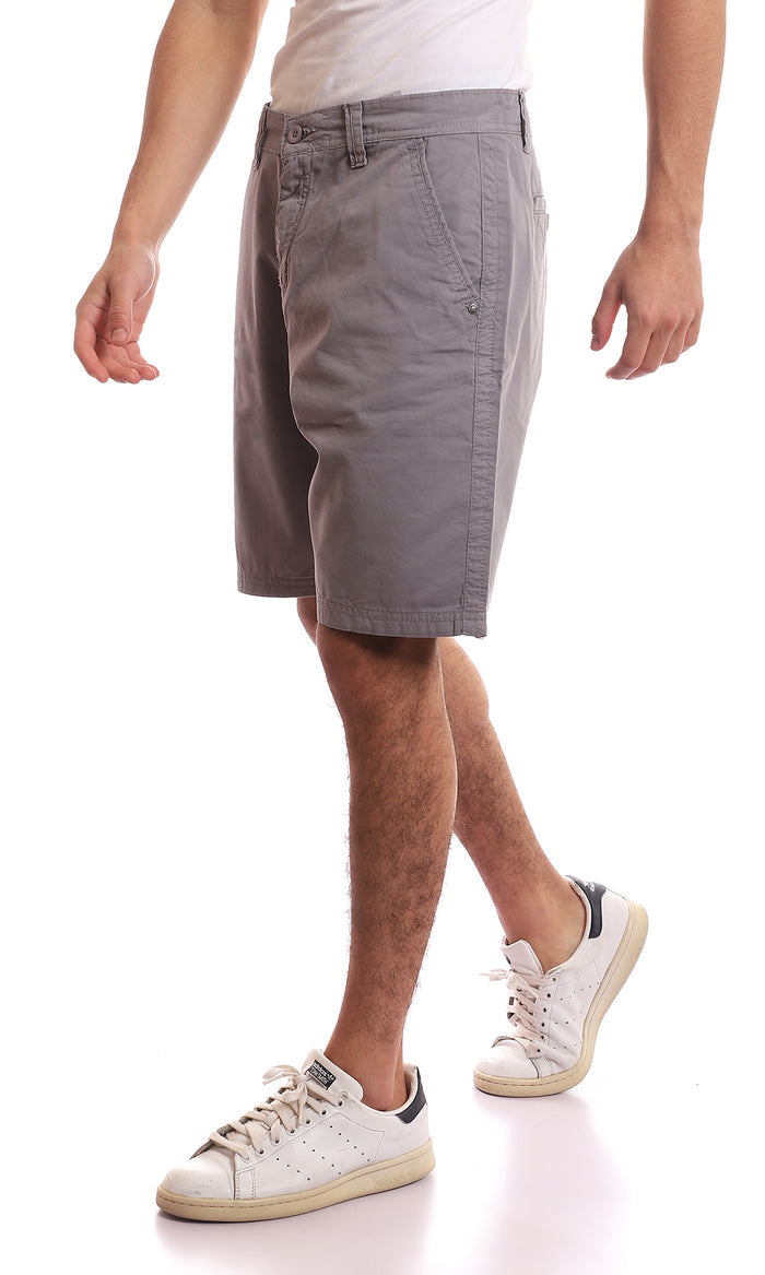 Medium Grey Slub Regular Fit Gabardine Shorts - 95049