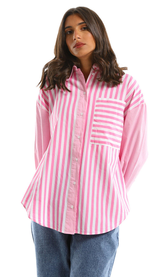 Mixed Stripe Poplin High-Low Long Sleeve Shirt in Fuchsia - 97970