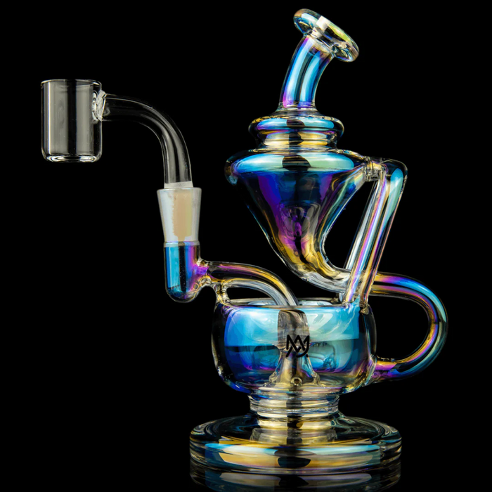 MJ Arsenal Iridescent Claude Mini Rig – Compact glass recycler rig with enhanced filtration and stunning iridescent finish for smooth dabbing sessions.