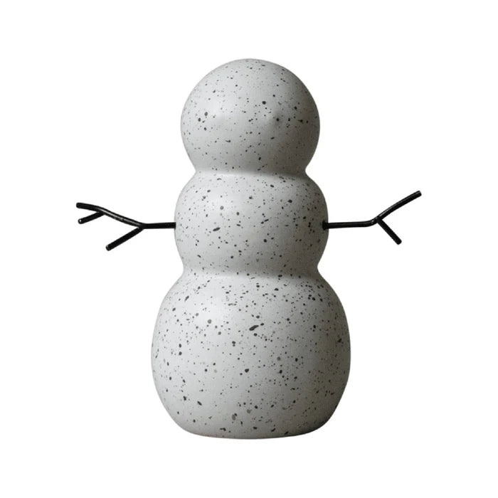 Speckled ceramic snowman figurine with minimalist design and black twig-like arms for modern home decor.