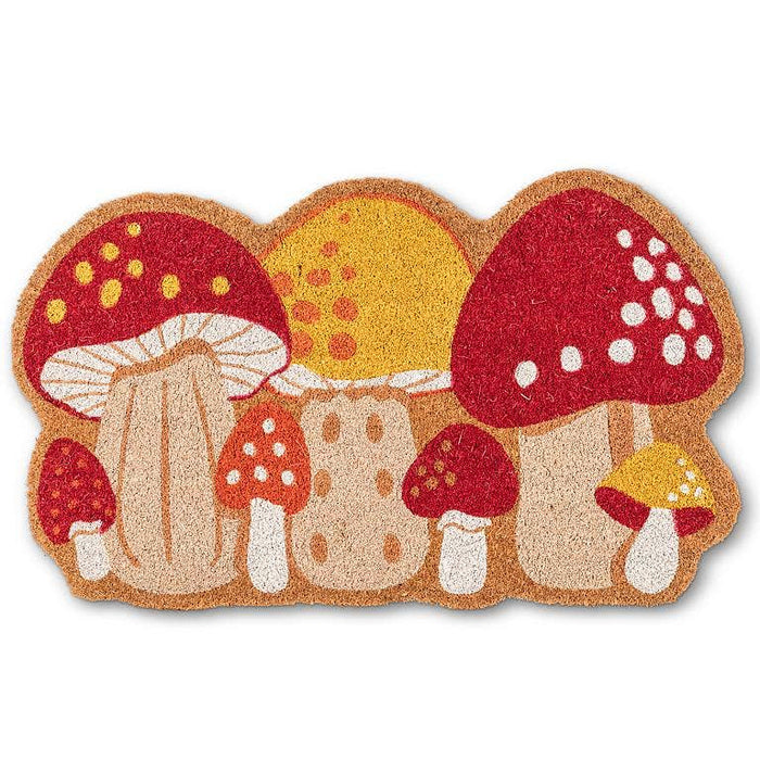 Doormat with colorful mushroom designs in red, yellow, and beige tones for decorative home entryway use