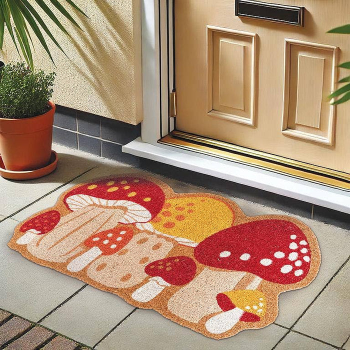 Colorful mushroom-shaped welcome mat placed outside a beige front door on a tiled porch