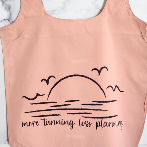 Nylon Grocery Bag for Summer Vacation, More Tanning, Less Planning Tote Bag – Funny Teacher Summer Beach Bag, End of Year Teacher Present Salt and Sparkle