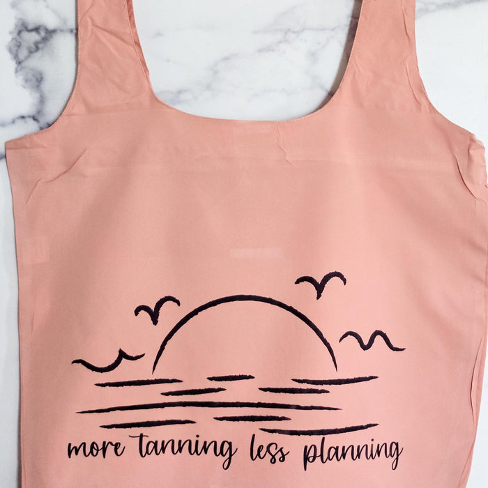 Nylon Grocery Bag for Summer Vacation, More Tanning, Less Planning Tote Bag – Funny Teacher Summer Beach Bag, End of Year Teacher Present Salt and Sparkle