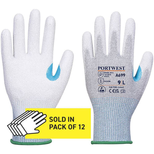 Portwest A699 MR13 ESD Antistatic Cut C Gloves with PU Palm Coating - 13 gauge (Pack 12)