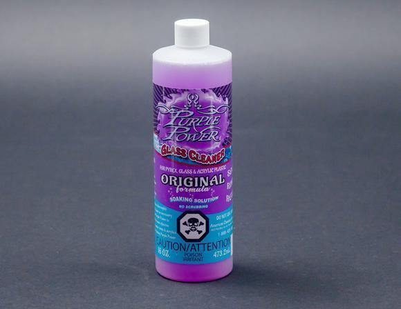 Purple Power 16oz Original Glass Cleaner, fast-acting formula for removing tough residue and stains, safe for glass, metal, and smoking accessories.