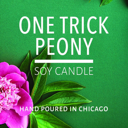 Bright pink peony flower with green leaves on green background emphasizing soy candle hand poured in Chicago text