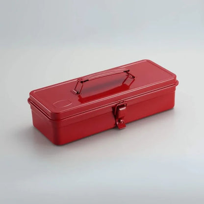 Compact red steel toolbox with handle and latch, ideal for storing and organizing tools securely.