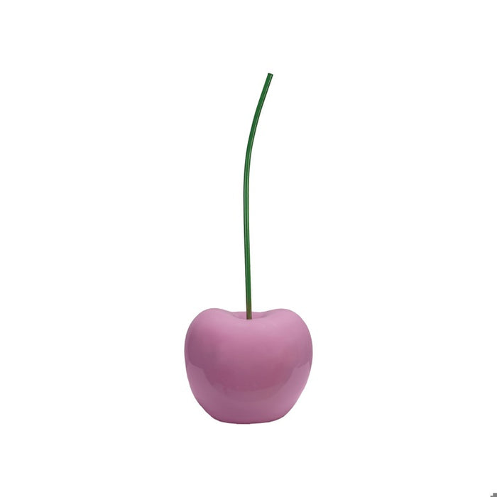 Glossy pink decorative cherry sculpture with a slender green stem, modern home decor accent piece.