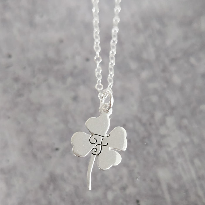Silver Four Leaf Clover Initial Necklace Salt and Sparkle