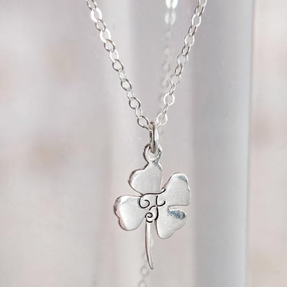 Silver Four Leaf Clover Initial Necklace Salt and Sparkle