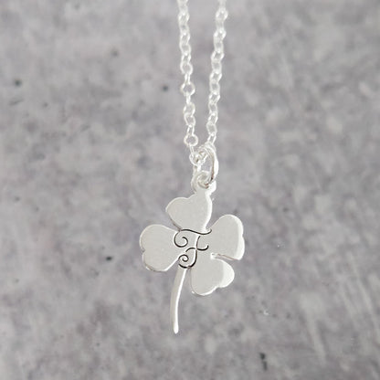 Silver Four Leaf Clover Initial Necklace Salt and Sparkle
