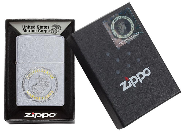 U.S. Marines Corps. Satin Chrome windproof lighter in packaging
