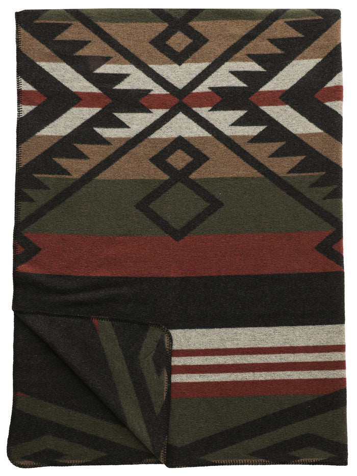 Folded wool blanket featuring geometric patterns in earth tones including black, brown, olive, and red stripes.